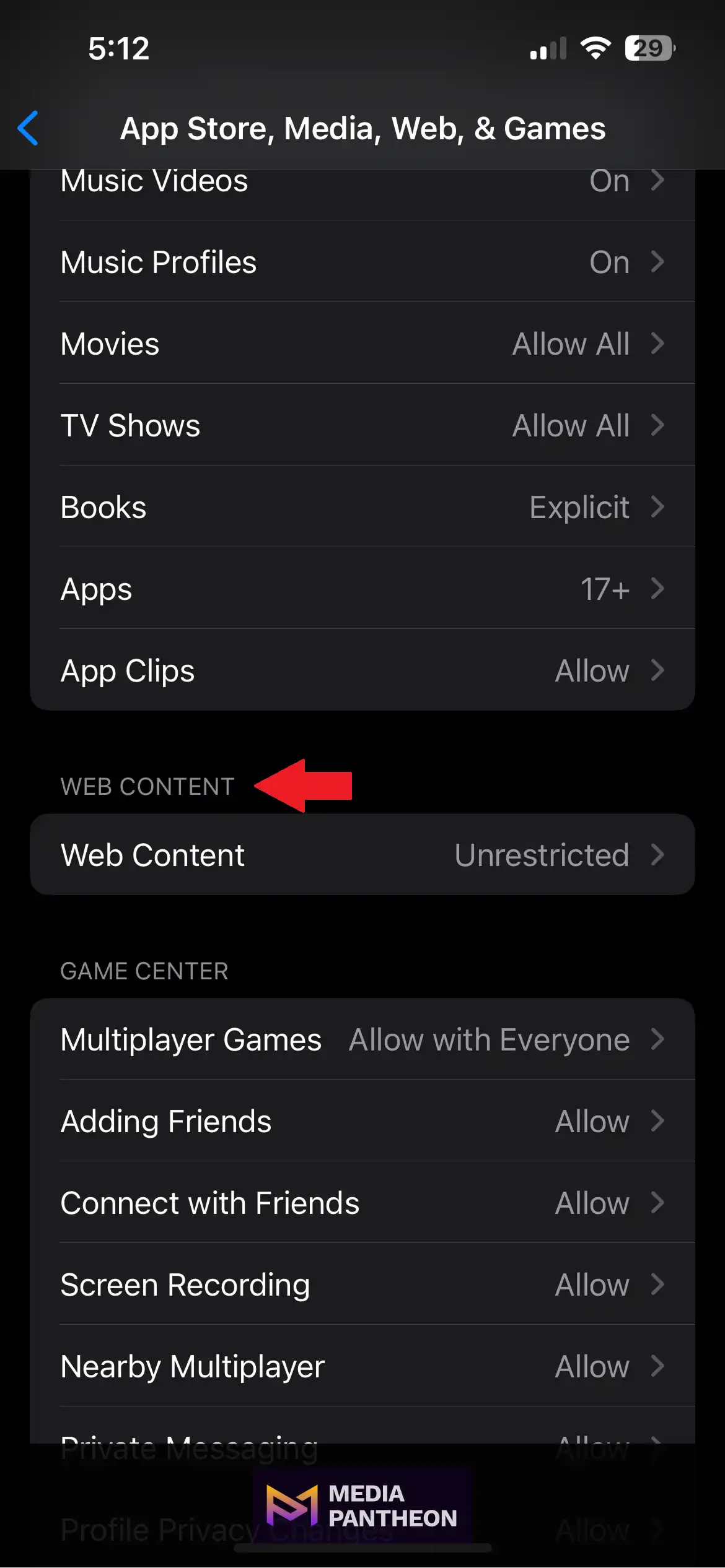 iPhone settings screen with a red arrow pointing to the Web Content option set to Unrestricted.