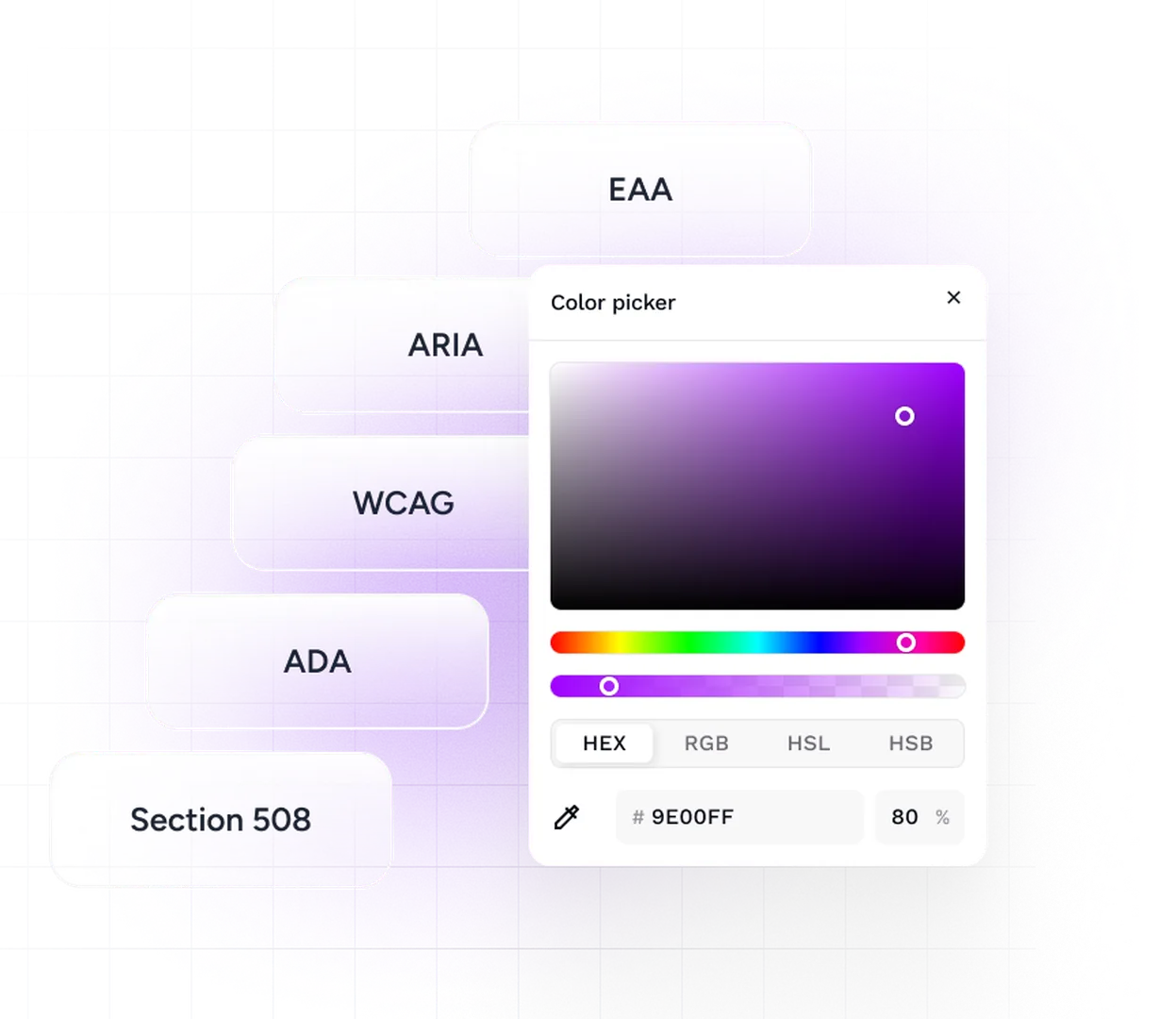 A color picker tool displaying accessibility standards: EAA, ARIA, WCAG, ADA, and Section 508.