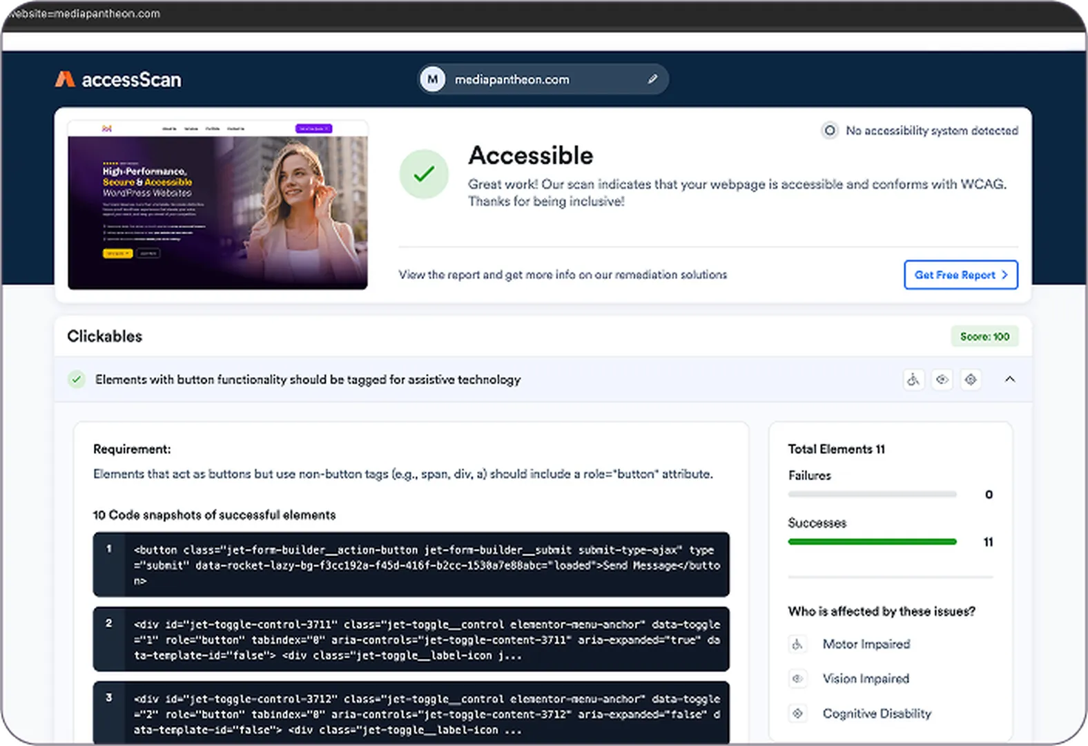 Accessibility report of Media Pantheon Inc. scoring 100 with button insights for assistive tech.