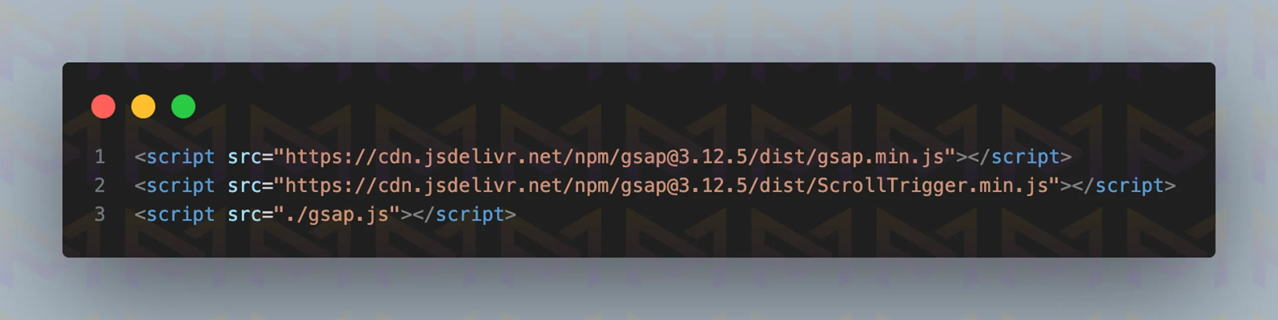 HTML script tags adding GSAP and ScrollTrigger libraries via CDN along with local gsap.js file.