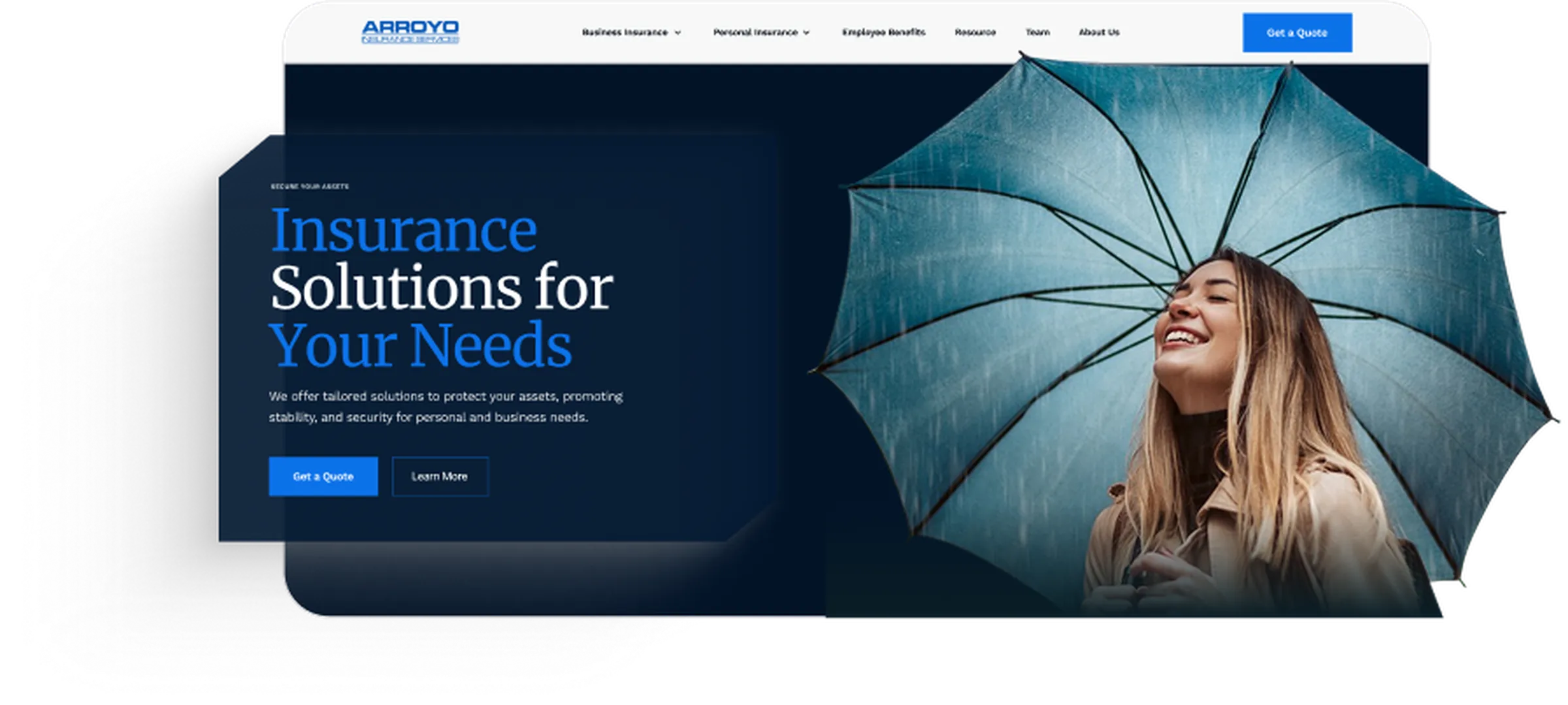 A smiley woman holding an umbrella on the right, having Arroyo insurance features on the left.