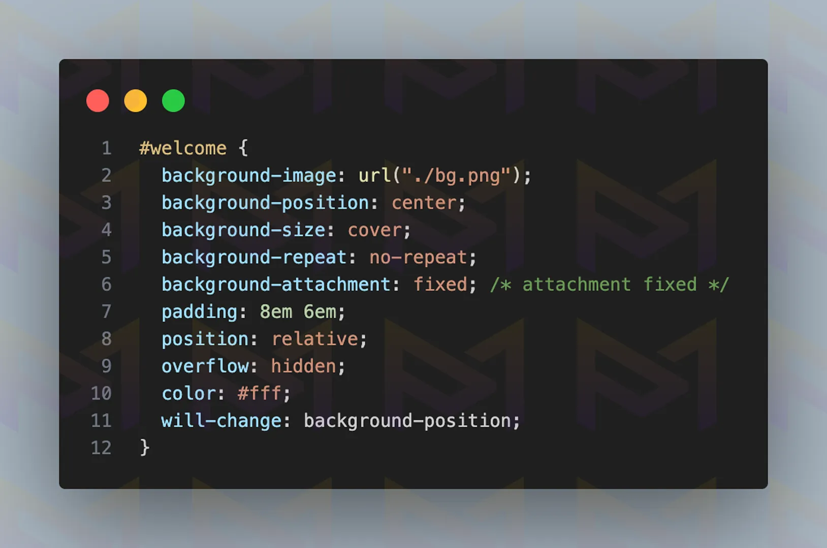 CSS code styling #welcome section with fixed background attachment and cover size.