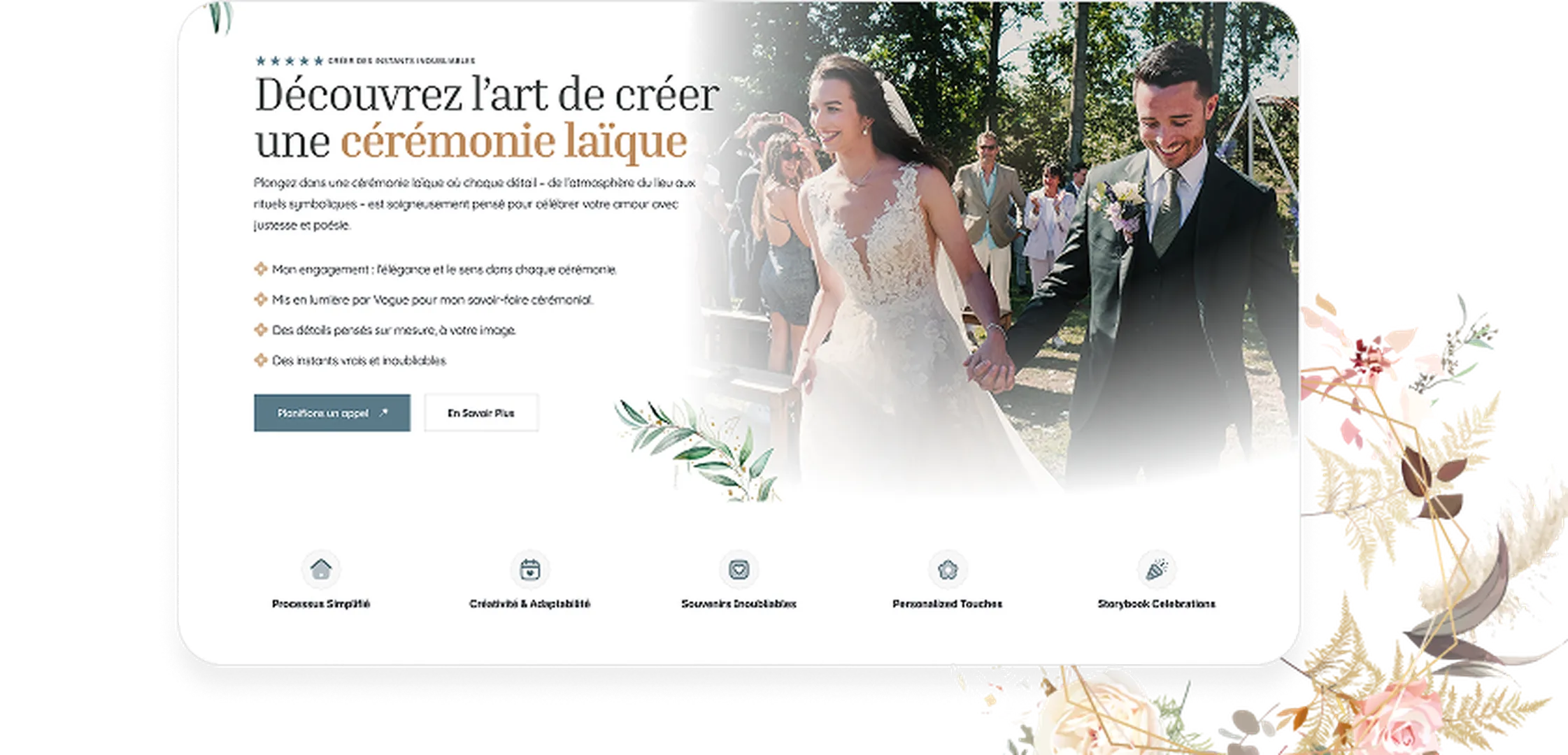 A couple in wedding dresses on the right, having Ceremonie Laique feature on the left.