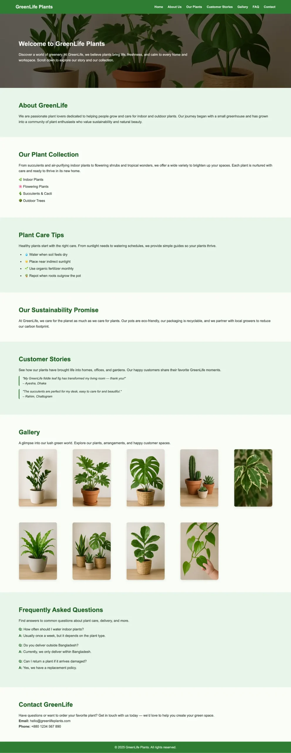 GreenLife Plants website in Chrome desktop showing hero section, sections, and gallery.