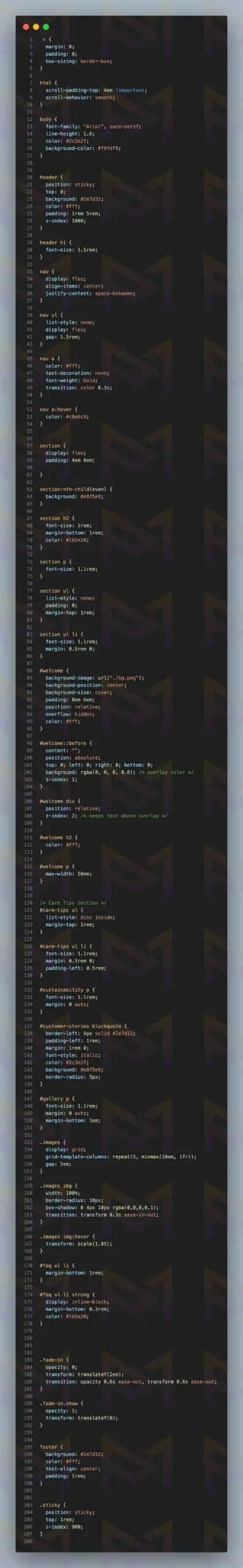 CSS stylesheet with styles for body, header, sections, gallery, and animations.