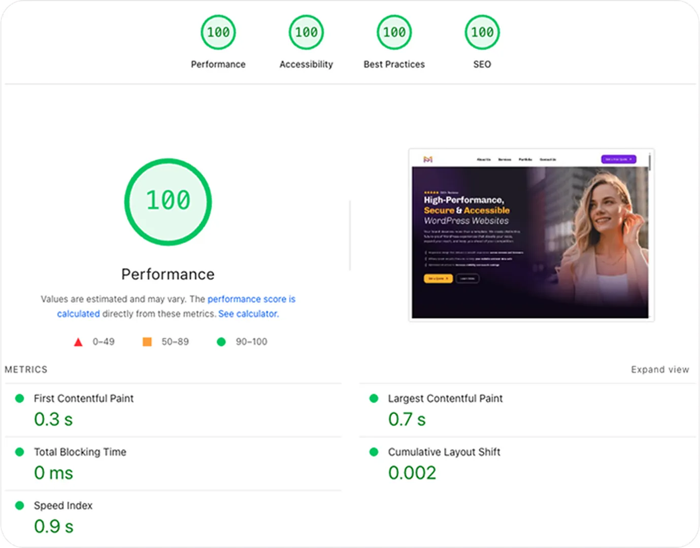 Accessibility report of Media Pantheon Inc. performance with a score of 100 on the desktop version.