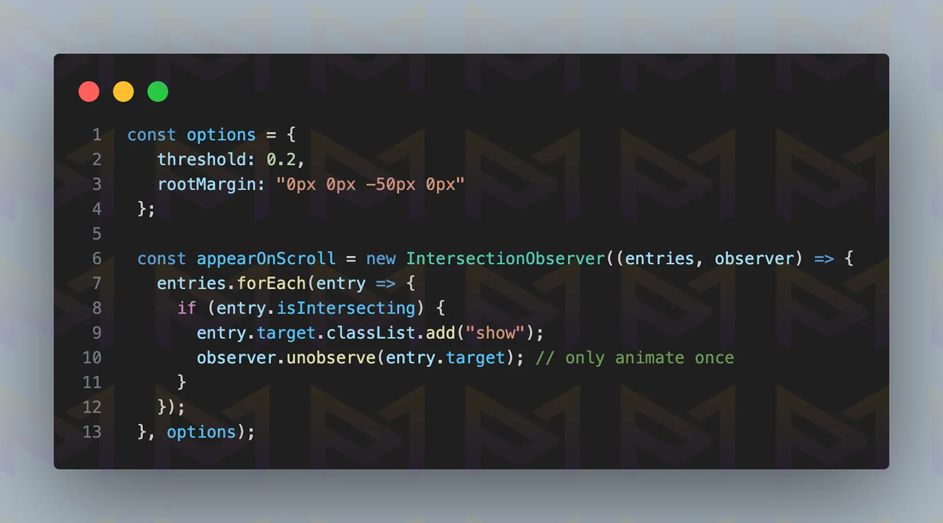 JavaScript IntersectionObserver detecting scroll position and adding show class on elements.