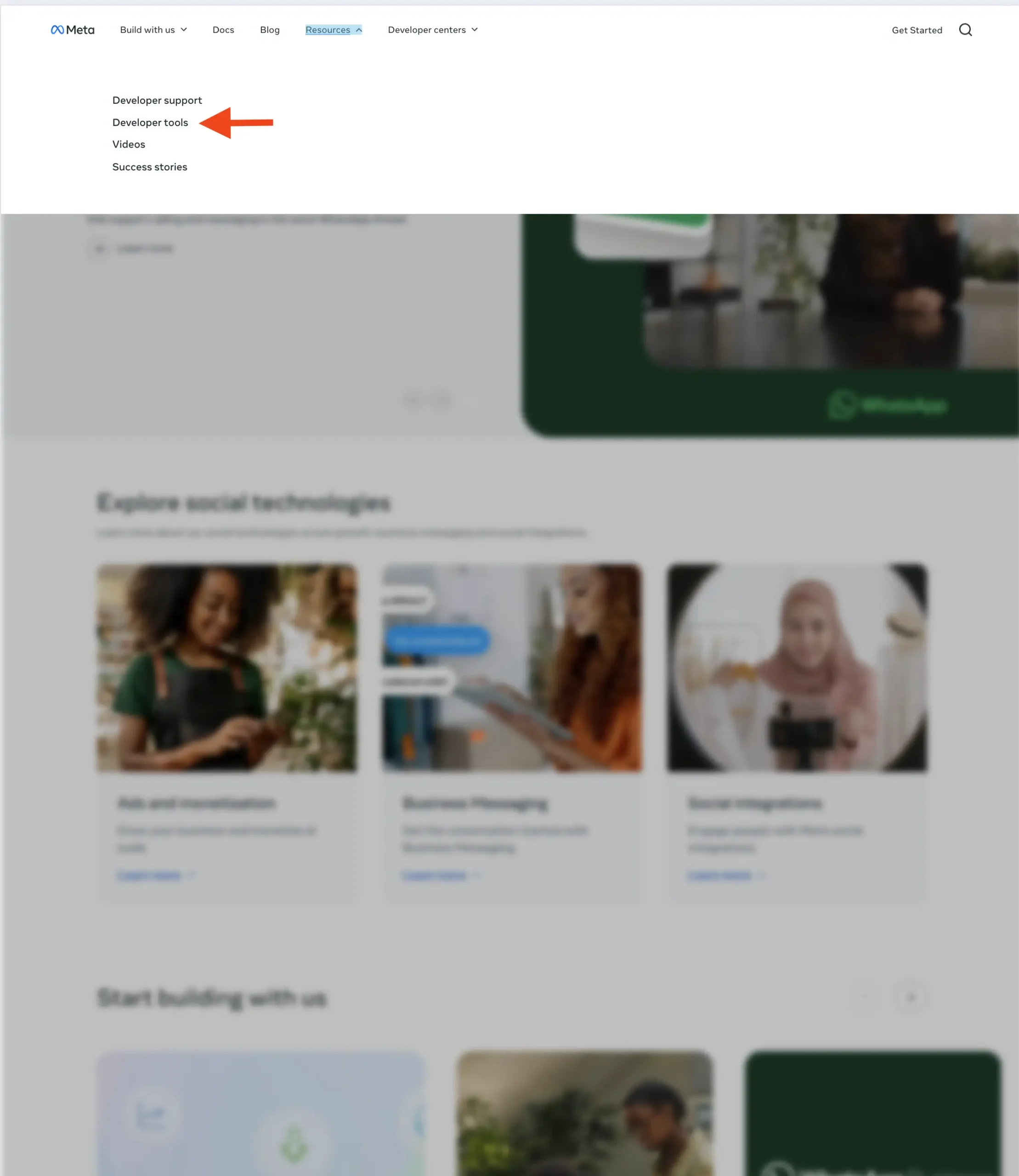 Meta for Developers site showing Resources menu open with Developer Tools highlighted with a red arrow.