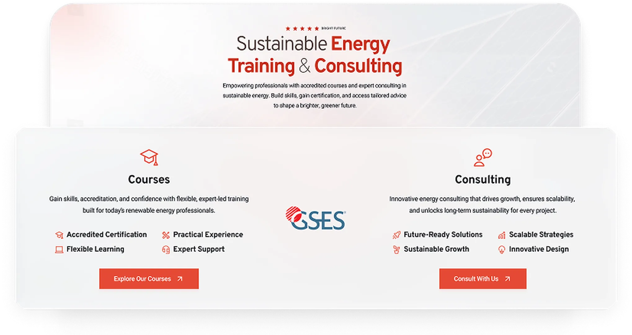 GSES's training, consultation and course services in red and black text on a white background.