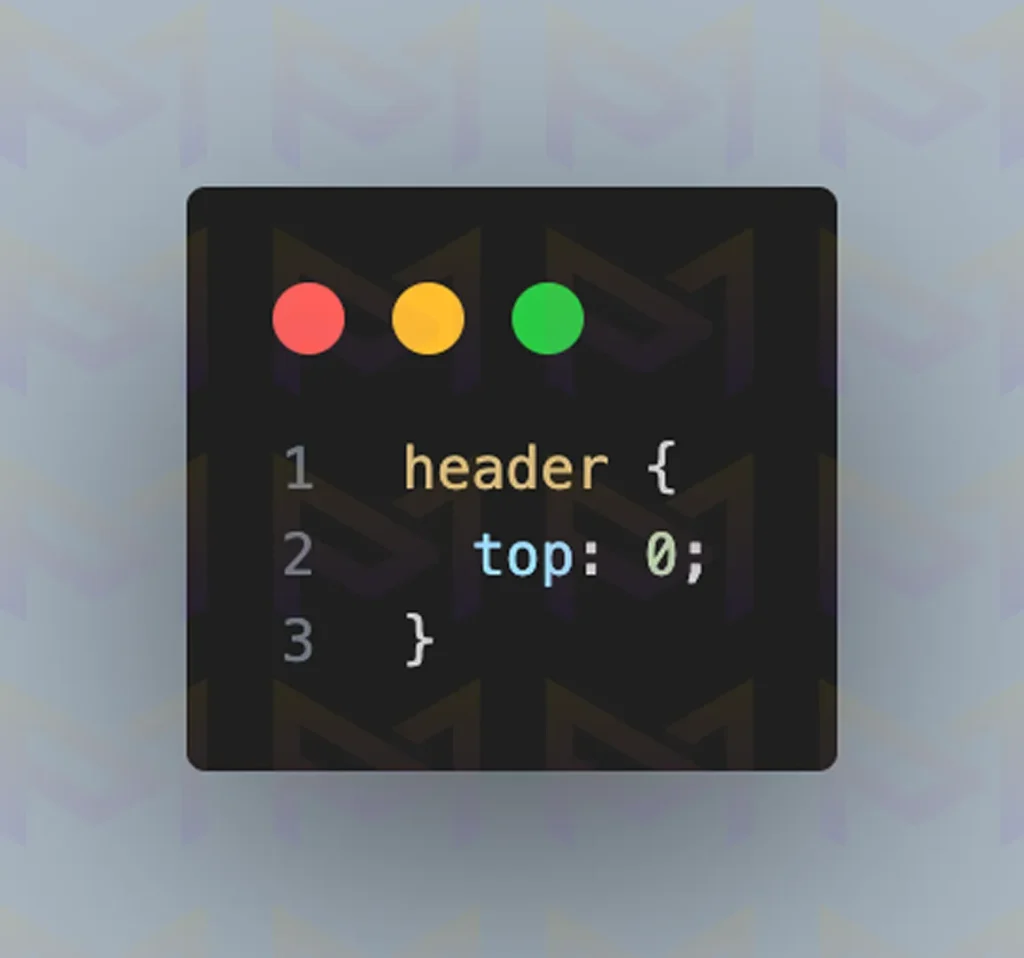 CSS snippet setting header top: 0 to keep it aligned at the top when scrolling.