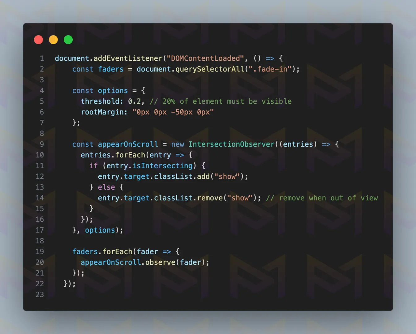 JavaScript code using IntersectionObserver for fade-in effect on scroll.