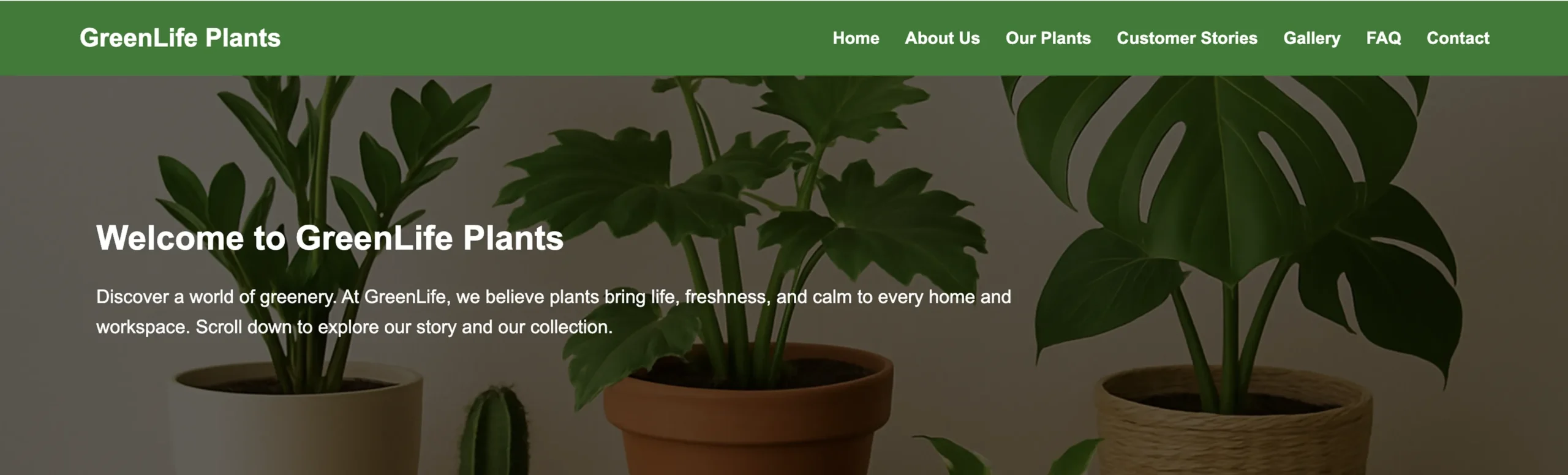 GreenLife Plants hero section with layered background image and overlaid text.