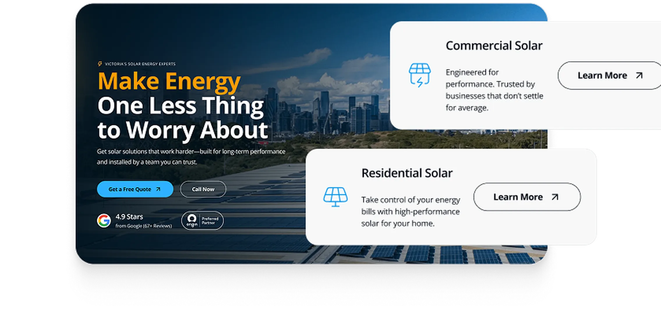 Limitless Solution's solar services and contact options with a solar panel field in the background.