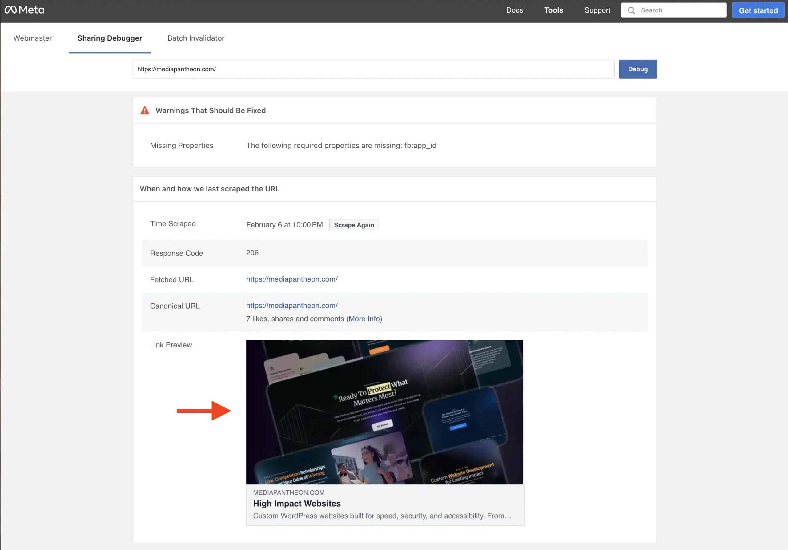 Sharing Debugger results showing link preview with a website image highlighted with a red arrow.