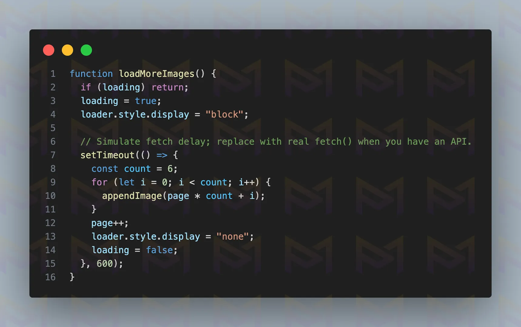 JavaScript function loadMoreImages simulating fetch delay and appending new images.