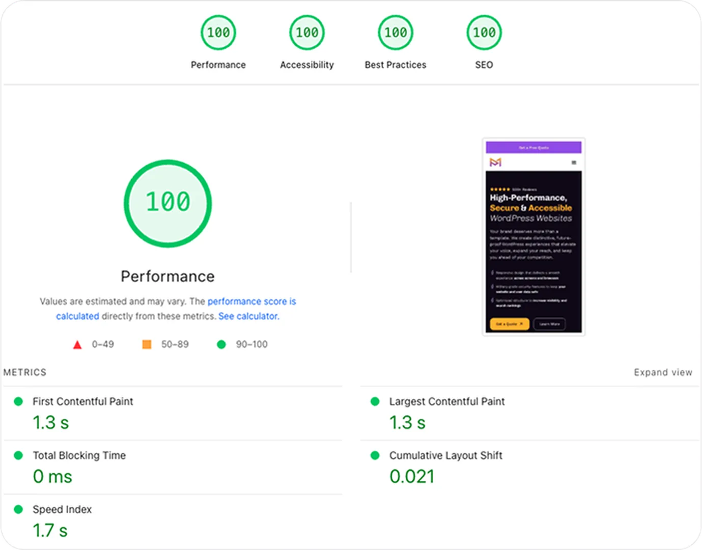 Accessibility report of Media Pantheon Inc. performance with a score of 100 on the mobile version.