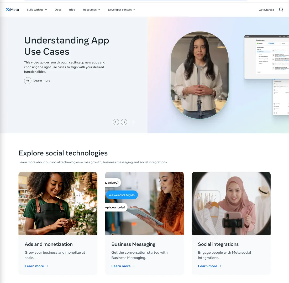 Meta for Developers site showing app use cases, ads, business messaging, and social integrations.