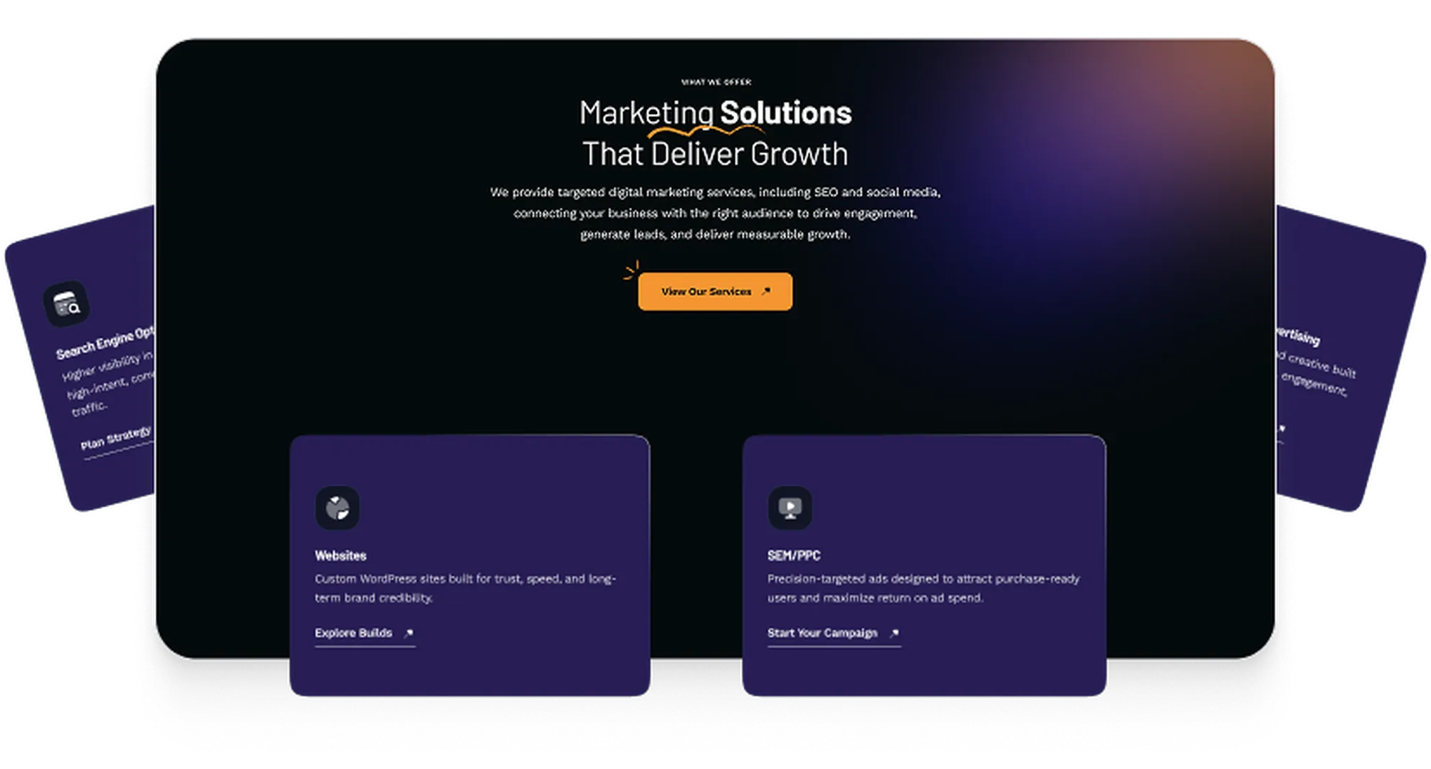 NetClicks marketing solutions and service options with white icons on a dark and purple background.