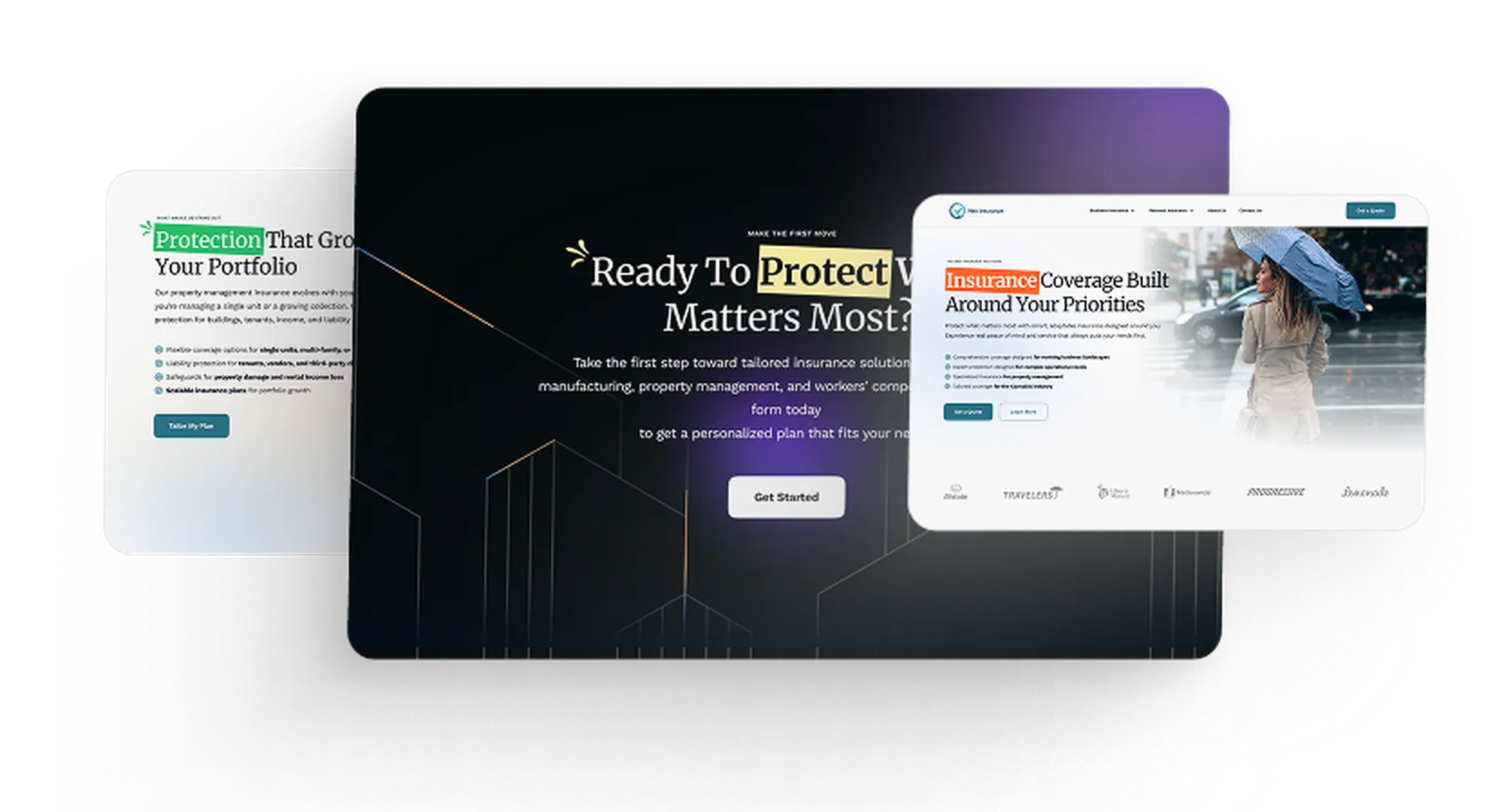 Three overlapping screens showing Neu Insurance coverage for properties and businesses.