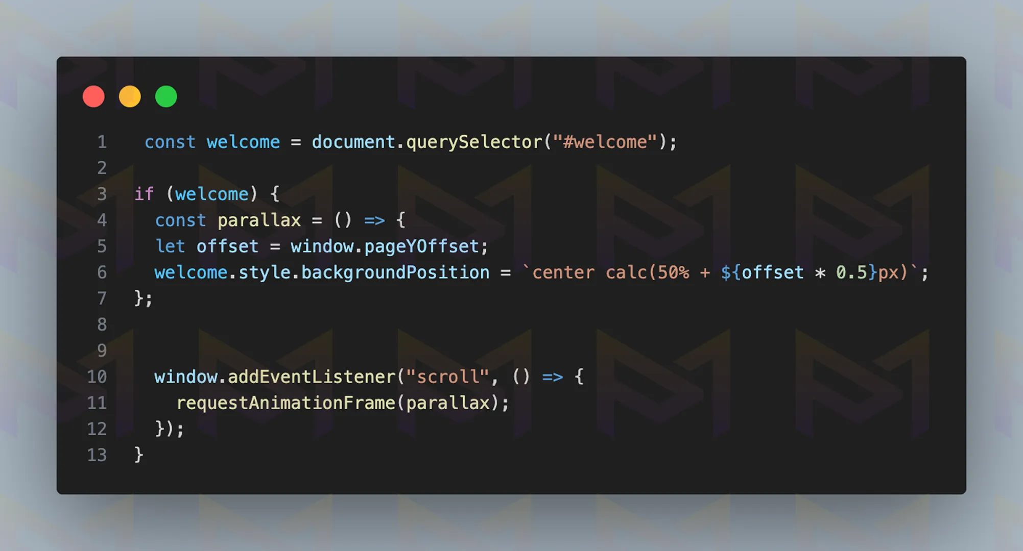 JavaScript code implementing parallax scrolling effect by adjusting background position.
