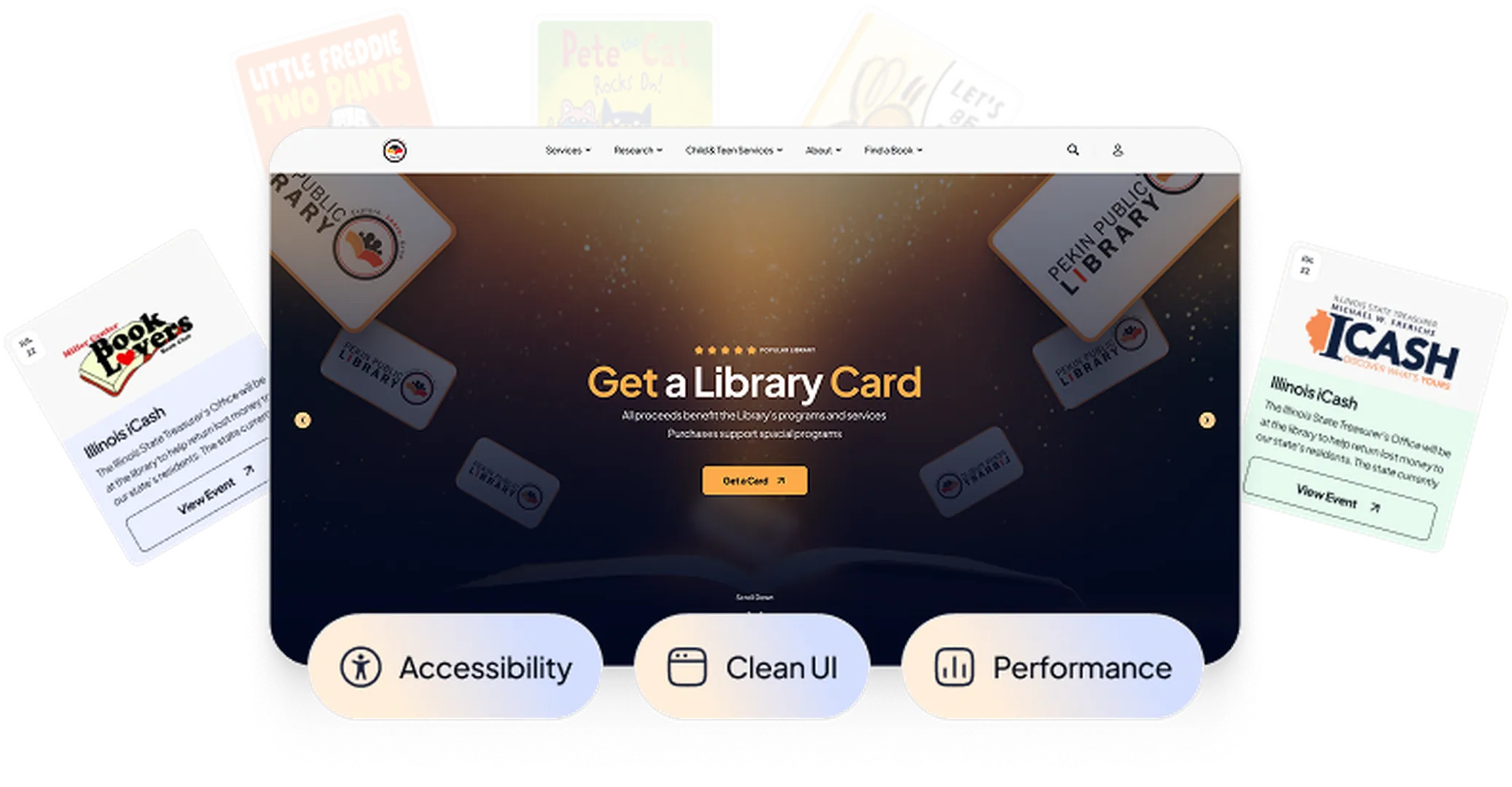 Pekin Public Library service, mentioning their accessibility, clean UI and performance feature.
