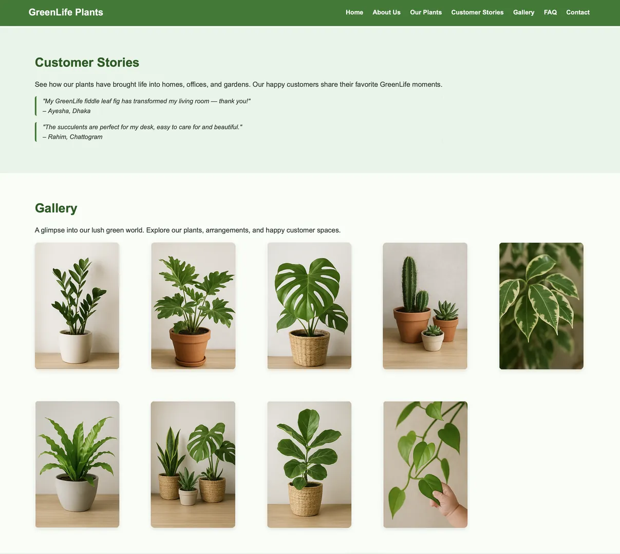 GreenLife Plants website in Safari desktop showing customer stories and gallery.
