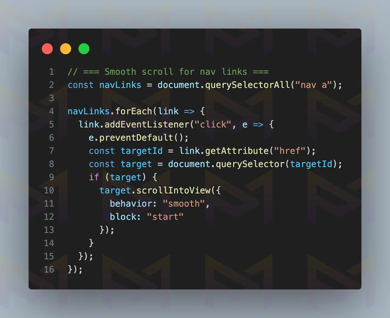 JavaScript code enabling smooth scrolling to sections when navigation links are clicked.