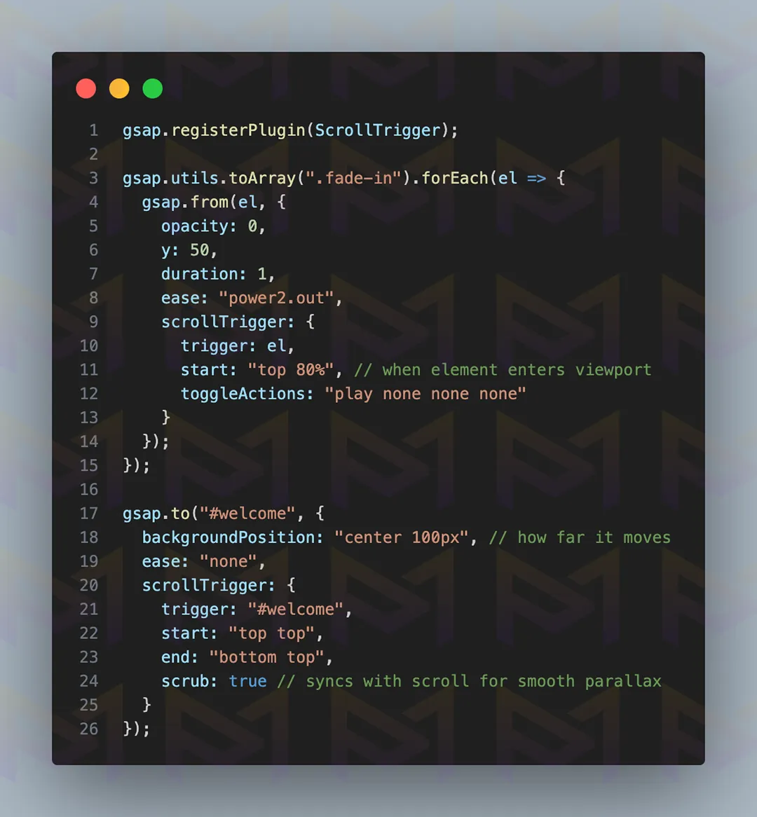 GSAP ScrollTrigger code adding fade-in animation and smooth parallax scrolling effect.