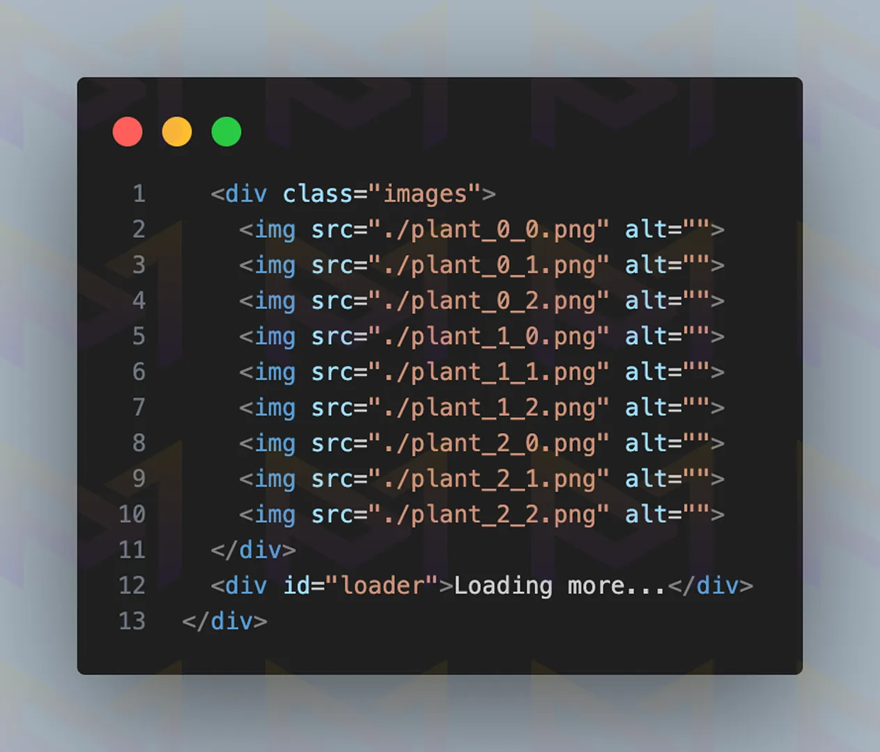 HTML code showing image gallery div with multiple plant images and a loader div at the bottom.
