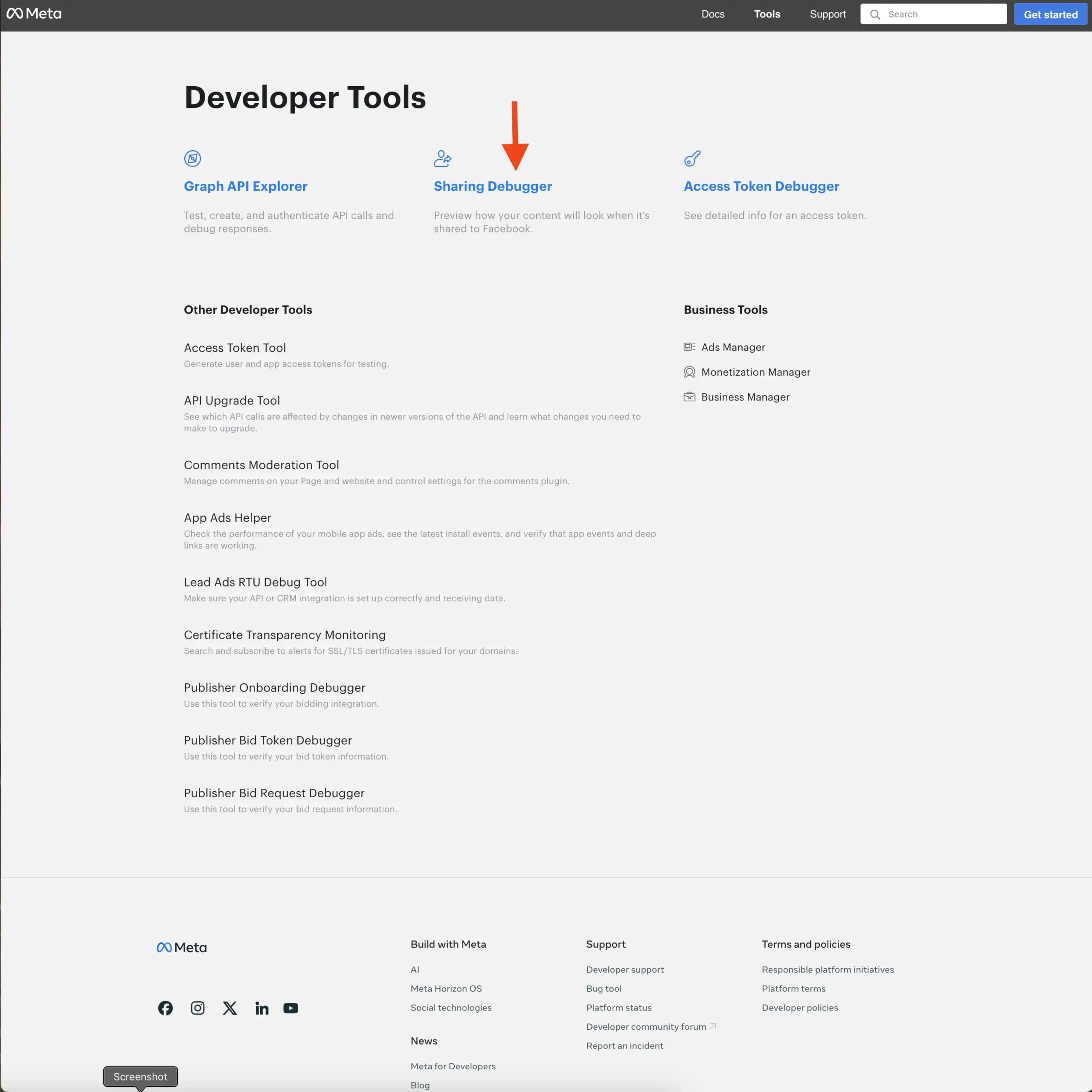 Meta for Developer Tools page with Sharing Debugger option highlighted with a red arrow.