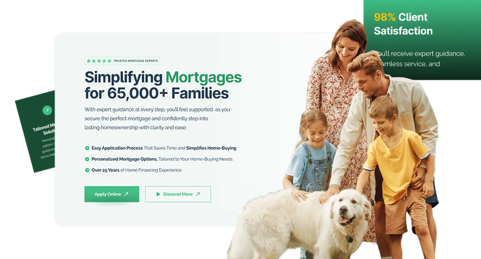 Mortgage solutions features in green and black on the left and a family with a dog on the right.
