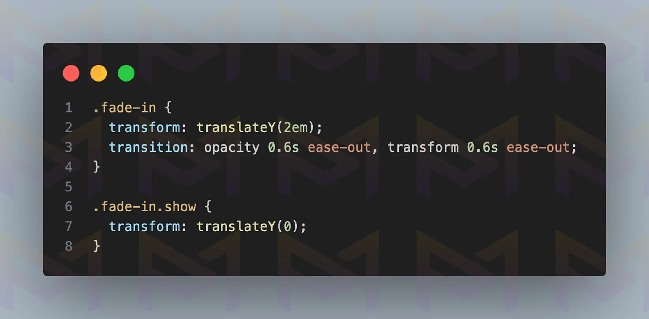 CSS code snippet showing fade-in animation with transform and transition effects.