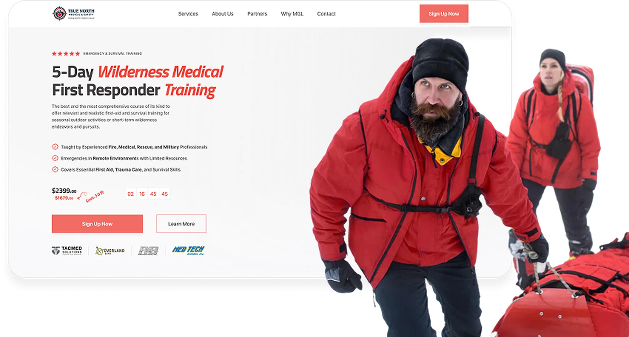 Man and woman in red outdoor gear, with training features on the left of True North Medical Safety.