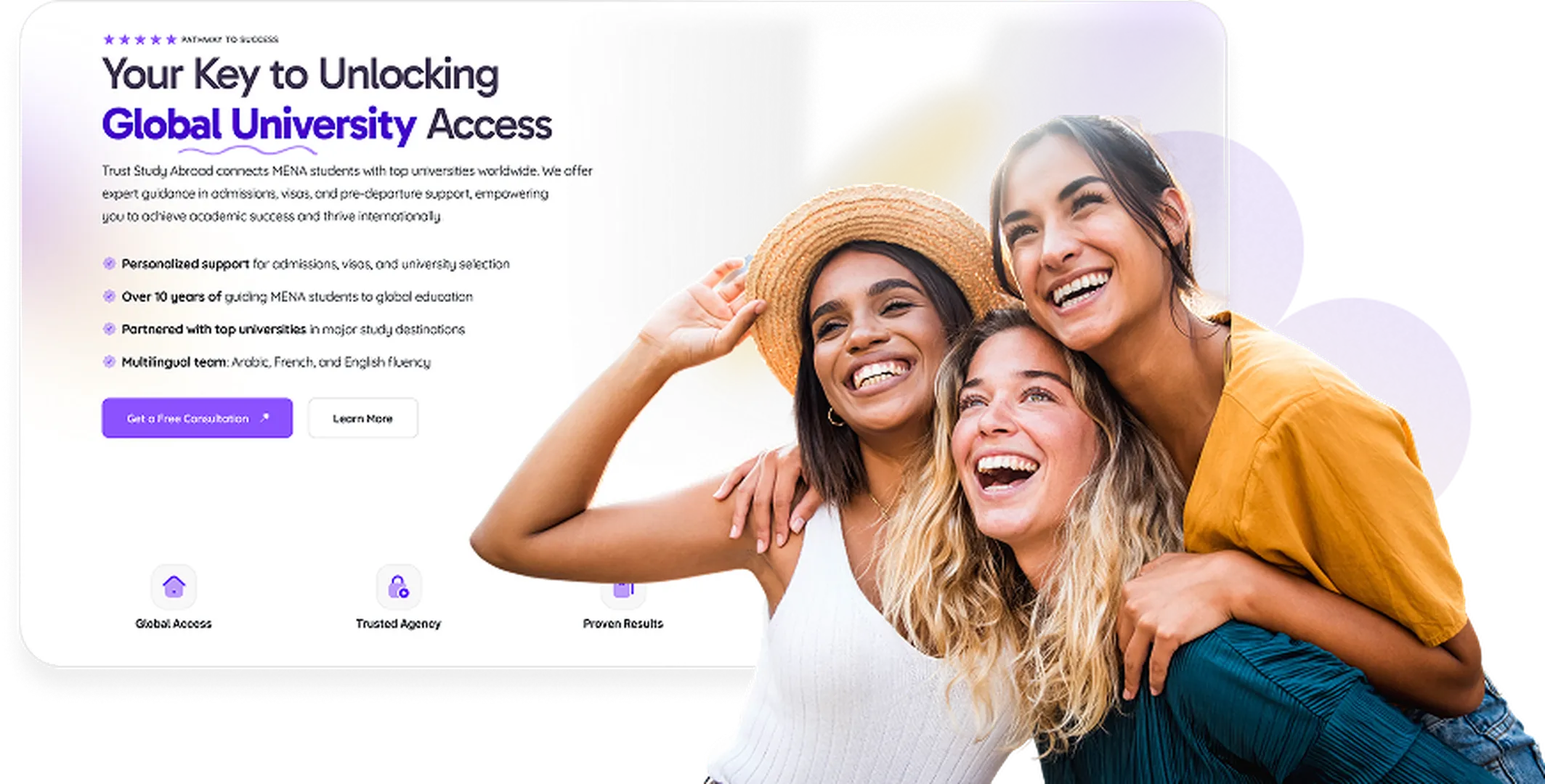 Features for MENA student university access on the left and 3 smiling female faces on the right.