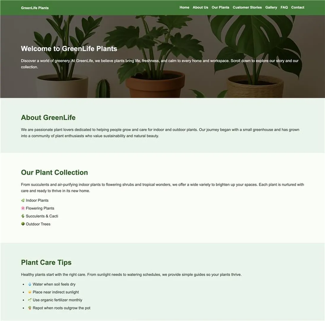 GreenLife Plants website homepage showing hero section, about, plant collection, and care tips.