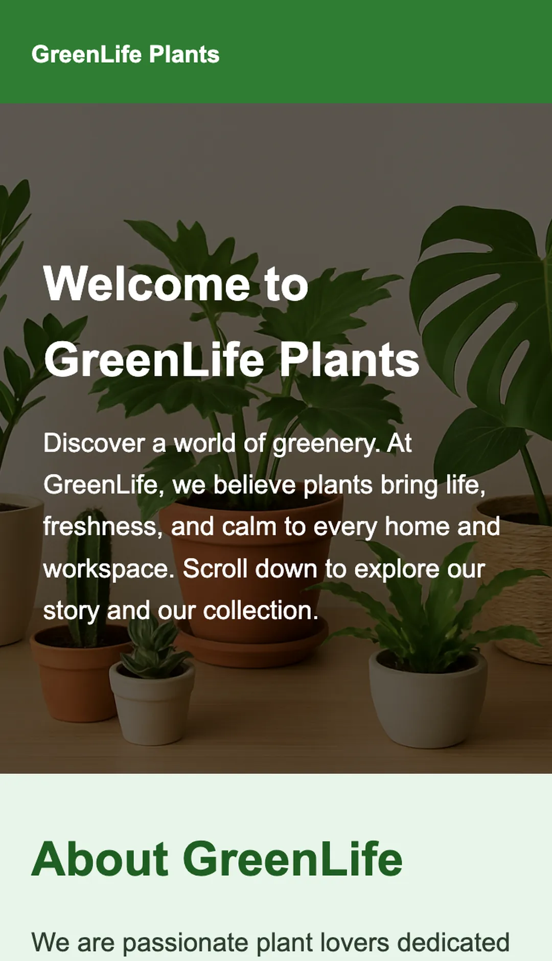 GreenLife Plants mobile homepage showing hero section with potted plants and intro text.