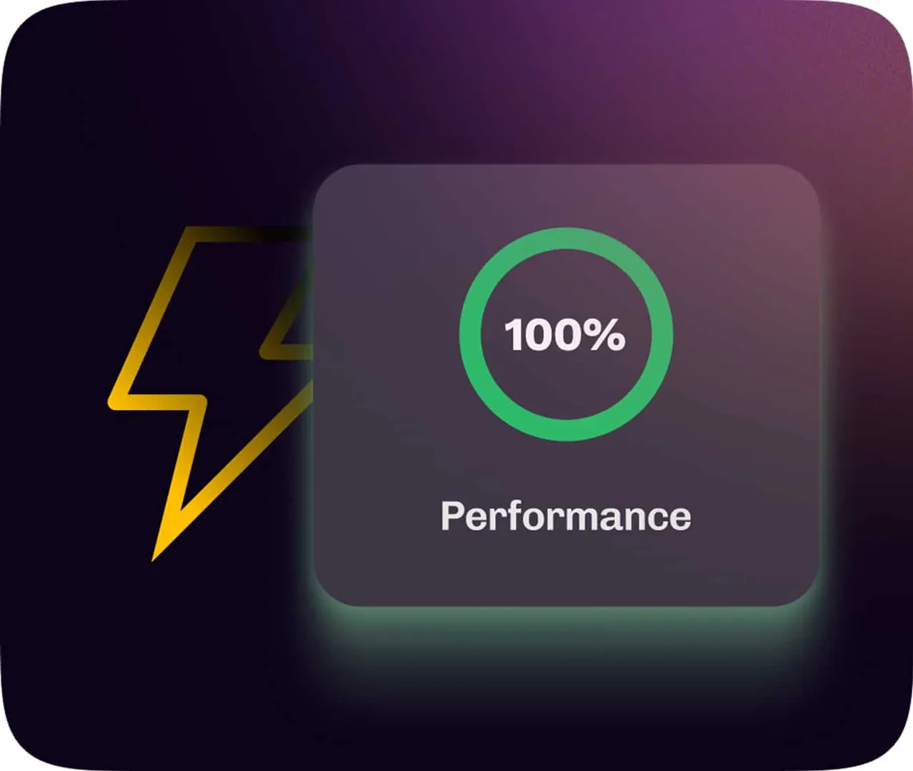 The text "100%" in green circle with the word performance underneath and a lightning bolt on dark background.