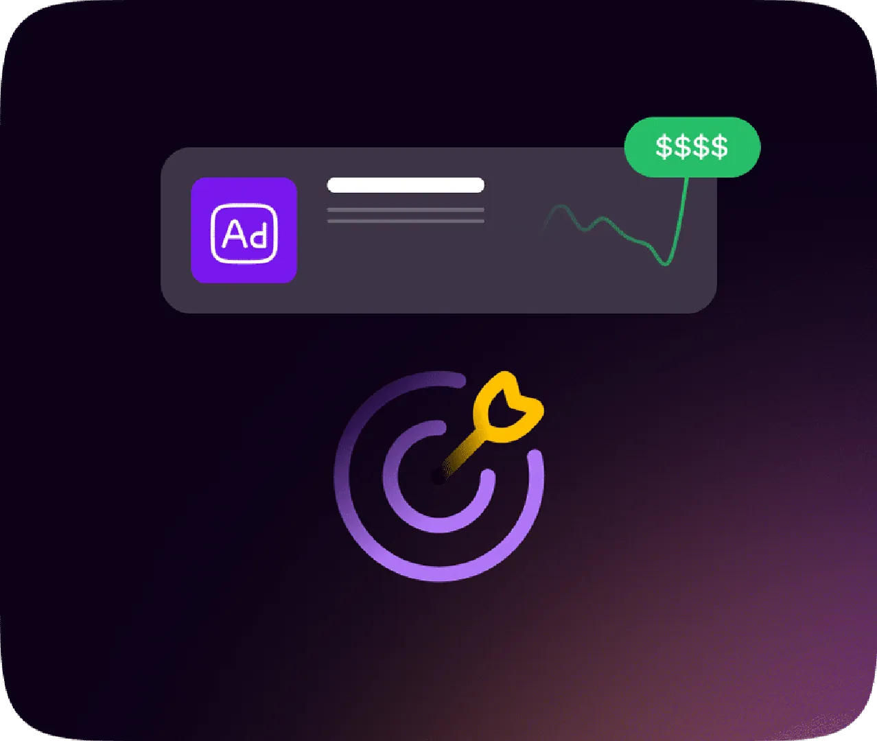 The text "Ad" above a bullseye with a graph line showing revenue growth in the top right corner.