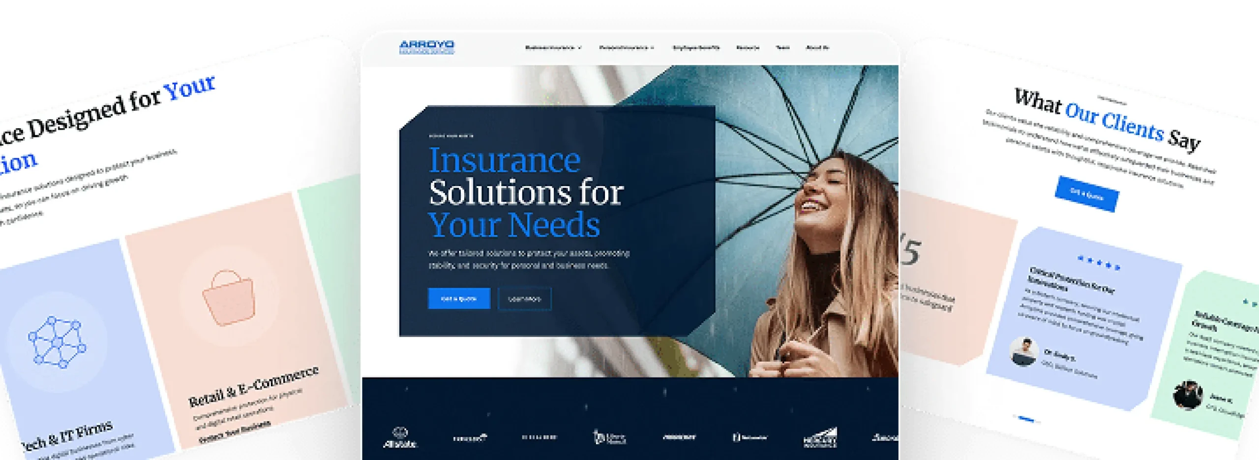 Woman with blue umbrella in front of website showing insurance solutions and client testimonials.