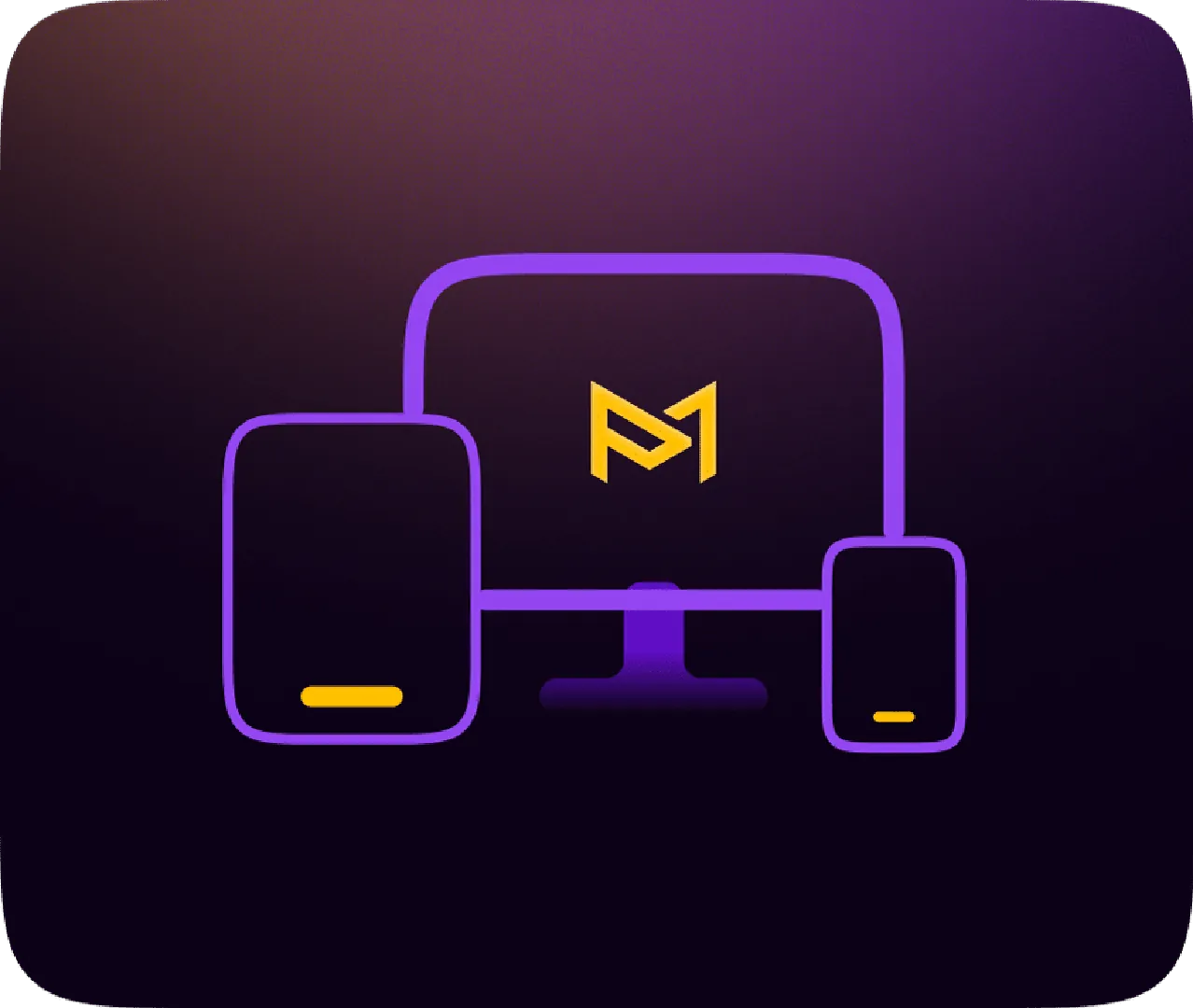 Stylized desktop, tablet, and smartphone showing ‘M’ logo on dark gradient background.