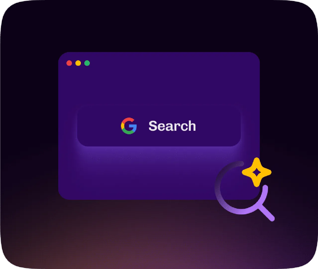 Stylized browser with Google Search logo, magnifying glass, and sparkles on dark purple background