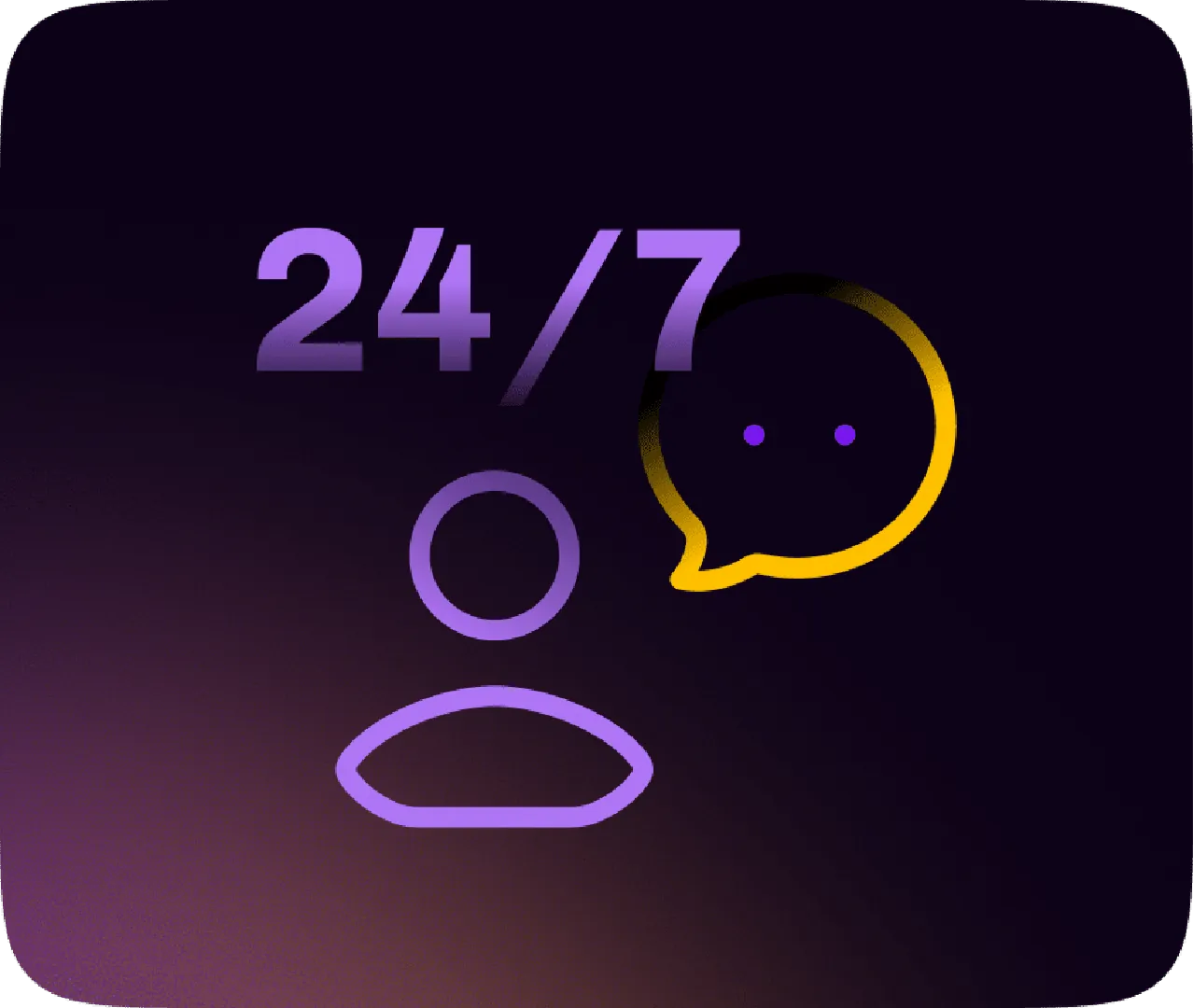 24/7 support icon with user silhouette and smiling speech bubble on dark gradient background