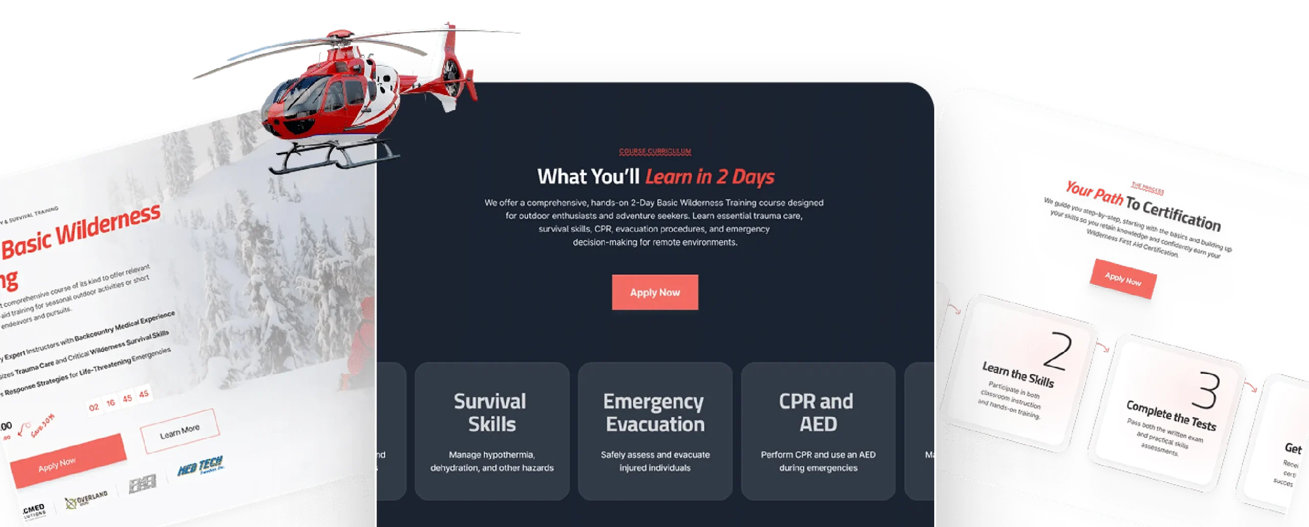 Red helicopter above winter landscape near webpage showing wilderness training and certification