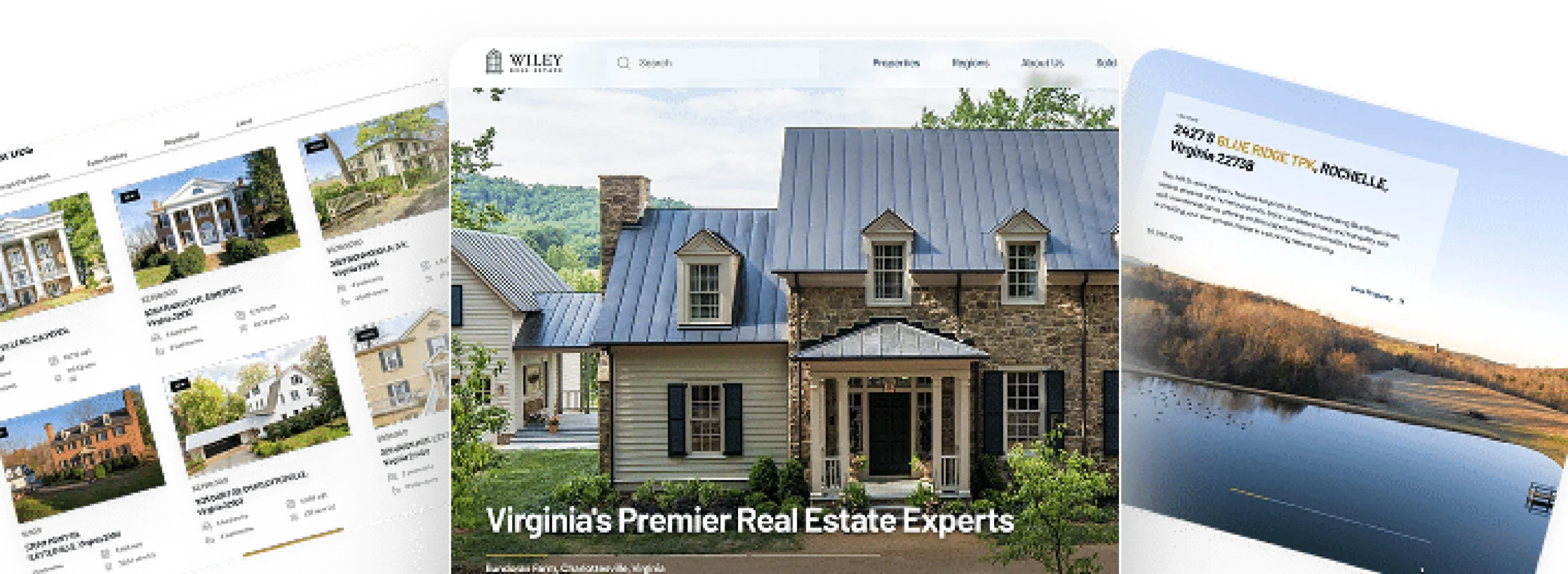 Real estate website showing Virginia properties with exterior photos and river views