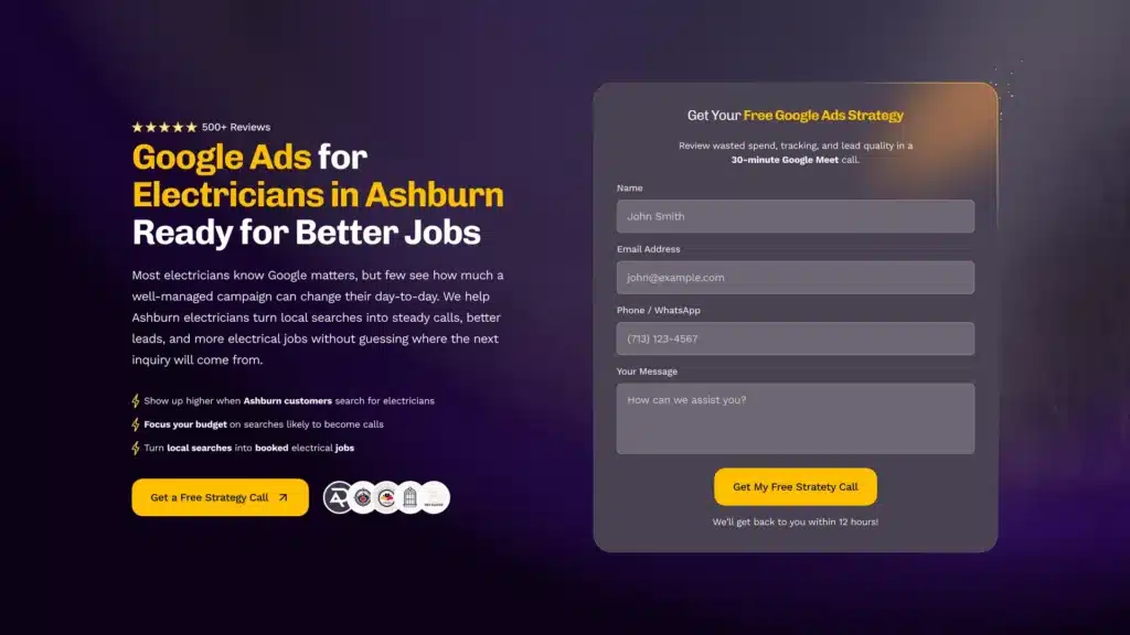 Google Ads landing page for Ashburn electricians with a free strategy form.