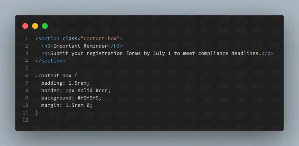 Code snippet that demonstrates an HTML section styled as a content box using CSS.