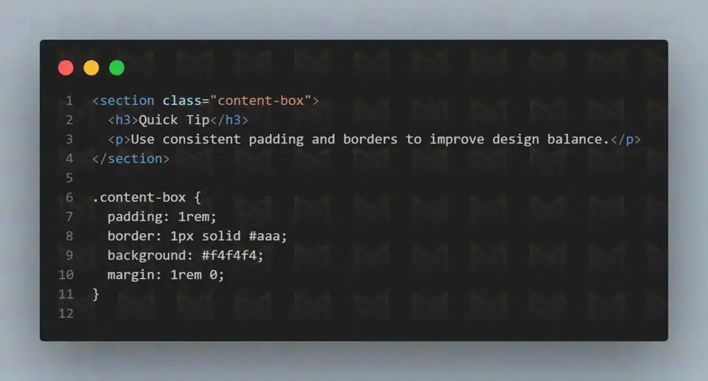 HTML and CSS snippet showing a Quick Tip content box with padding, border, and background.
