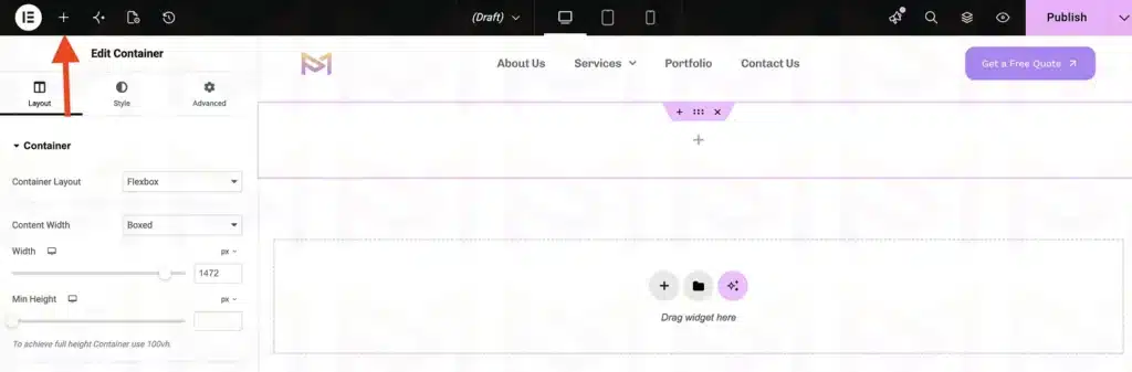 Elementor editor showing the toolbar button used to open the Elements panel.