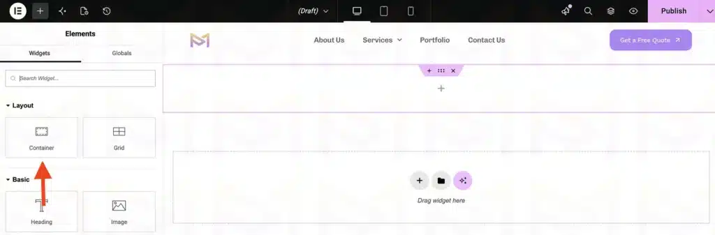 Elementor Elements panel displaying the Container widget for creating page layouts.