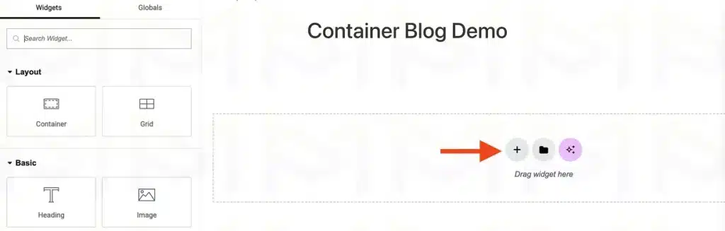 Empty Elementor container with options to add nested containers or content widgets.